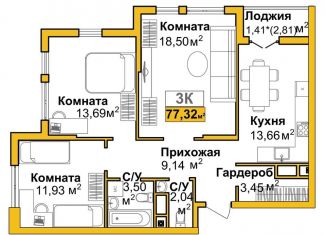 Продается трехкомнатная квартира, 77.3 м2, Симферополь, ЖК Город Мира