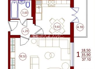 1-комнатная квартира на продажу, 37.1 м2, Воронеж, Советский район