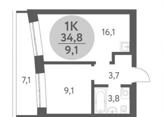 1-комнатная квартира на продажу, 34.8 м2, Новосибирск, Октябрьский район