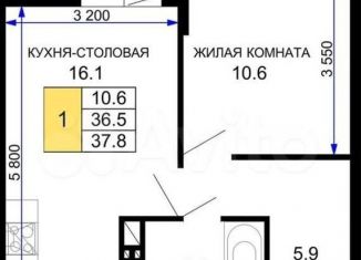 Продаю 1-ком. квартиру, 36.5 м2, Краснодар, улица Лётчика Позднякова, 2к14, ЖК Дыхание