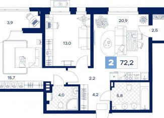 Продается 2-ком. квартира, 72.2 м2, Тюменская область