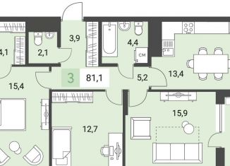 Продажа трехкомнатной квартиры, 81.1 м2, Ижевск, улица имени В.С. Тарасова, 4, ЖК Новый Город