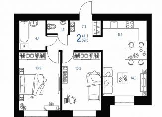 Продам 2-ком. квартиру, 59.5 м2, Татарстан