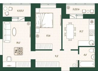 Продаю 2-комнатную квартиру, 54.6 м2, поселок городского типа Стройкерамика, улица Олега Пешкова