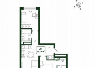 2-комнатная квартира на продажу, 56.8 м2, деревня Дударева, улица Сергея Джанбровского, 25