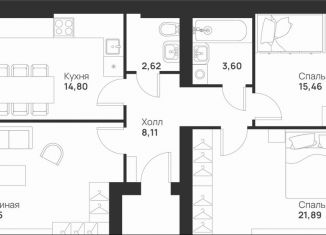 Трехкомнатная квартира на продажу, 90.3 м2, Тула, улица Героев России, 4
