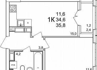 Продаю 1-ком. квартиру, 35.8 м2, деревня Анкудиновка, ЖК КМ Анкудиновский Парк