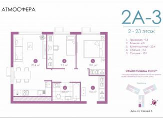 2-ком. квартира на продажу, 53.8 м2, Астрахань, улица Бехтерева, 12/4, ЖК Атмосфера