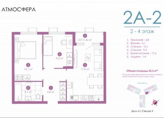 Продажа 2-ком. квартиры, 51.6 м2, Астрахань, улица Бехтерева, 12/4, ЖК Атмосфера