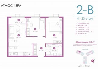 Продаю 2-ком. квартиру, 55.2 м2, Астрахань, улица Бехтерева, 12/4, ЖК Атмосфера