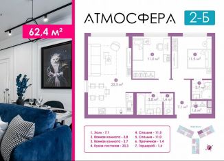 Продается 2-комнатная квартира, 62.4 м2, Астрахань, улица Бехтерева, 12/4, ЖК Атмосфера