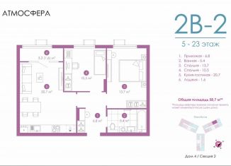 Продажа двухкомнатной квартиры, 58.4 м2, Астрахань, улица Бехтерева, 12/4, ЖК Атмосфера