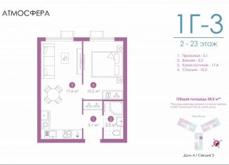 Продам 1-комнатную квартиру, 34 м2, Астрахань, улица Бехтерева, 12/4, ЖК Атмосфера