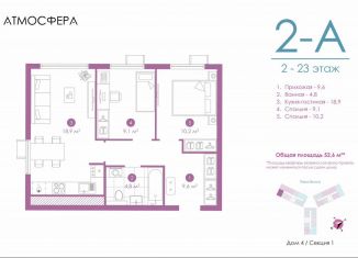 Продаю 2-комнатную квартиру, 52.4 м2, Астрахань, улица Бехтерева, 12/4, ЖК Атмосфера