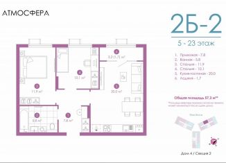 Продается 2-ком. квартира, 56.9 м2, Астрахань, улица Бехтерева, 12/4, ЖК Атмосфера