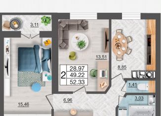 Продаю 2-комнатную квартиру, 52.3 м2, Смоленск