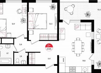 2-ком. квартира на продажу, 69.9 м2, Тюмень