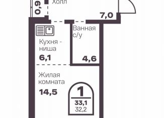 1-комнатная квартира на продажу, 32.2 м2, Челябинск