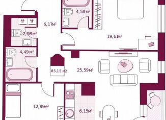 2-комнатная квартира на продажу, 85.2 м2, Тюмень, улица Герцена, 33