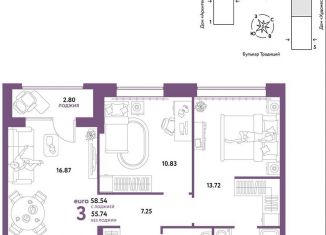 Продам 3-комнатную квартиру, 58.5 м2, Тюмень, улица Новосёлов, 102
