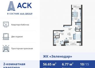 Продается двухкомнатная квартира, 57.8 м2, Краснодар, ЖК Зеленодар, улица Садовое Кольцо