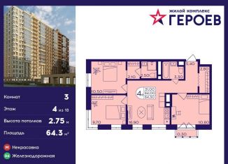 Трехкомнатная квартира на продажу, 64.3 м2, Московская область