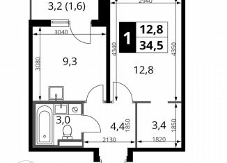 Продаю 1-комнатную квартиру, 34.5 м2, деревня Сапроново, ЖК 1-й Донской, 3