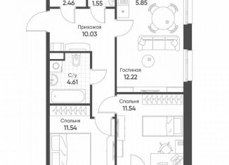 Трехкомнатная квартира на продажу, 61 м2, Казань