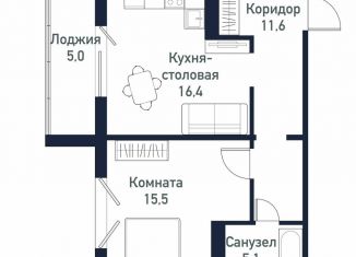 Продам 1-ком. квартиру, 48.4 м2, посёлок Западный