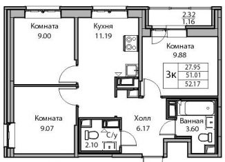Продажа трехкомнатной квартиры, 51.4 м2, Санкт-Петербург, Ивинская улица, 19к2, метро Беговая