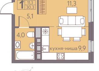 Продам 1-ком. квартиру, 30.3 м2, Пермь, ЖК Погода