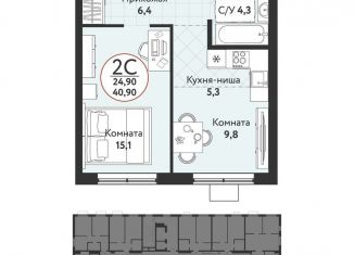 Продается двухкомнатная квартира, 40.9 м2, Новосибирск, жилой комплекс Одоевский, 1, Первомайский район