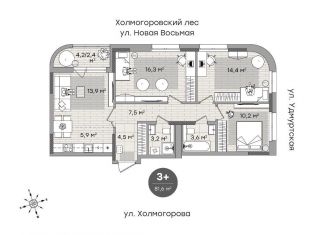 3-комнатная квартира на продажу, 81.6 м2, Ижевск, ЖК Парк-Квартал Атмосфера