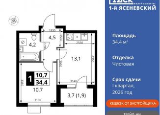 1-ком. квартира на продажу, 34.4 м2, деревня Румянцево, СНТ Гипрохим, 1Ас1