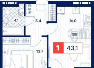 Продается 1-комнатная квартира, 43.1 м2, Тюмень, Пышминская улица, 216А