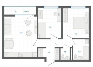 2-ком. квартира на продажу, 57.6 м2, Екатеринбург, улица Академика Парина, 12/6