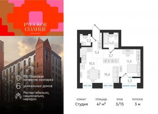 Продается квартира студия, 47 м2, Новосибирск, жилой комплекс Русское солнце, 4