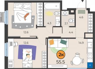 2-комнатная квартира на продажу, 55.5 м2, Тюмень, улица Эльвиры Федоровой, 3, Восточный округ