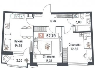 Продам 2-комнатную квартиру, 52.8 м2, Мурино, ЖК Авиатор