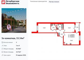 Продам 2-ком. квартиру, 55.3 м2, посёлок Шушары