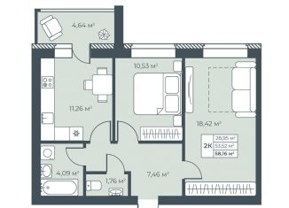 Продам 2-ком. квартиру, 58.2 м2, Выкса