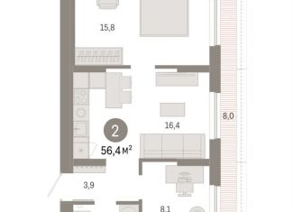 Продаю 2-комнатную квартиру, 56.4 м2, Тюмень, Краснооктябрьская улица, 4к3