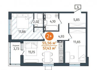2-комнатная квартира на продажу, 55.6 м2, деревня Дударева