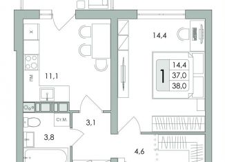 Продается однокомнатная квартира, 38 м2, село Ямное, улица Генерала Черткова, 2