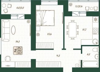 2-ком. квартира на продажу, 54.6 м2, Самарская область