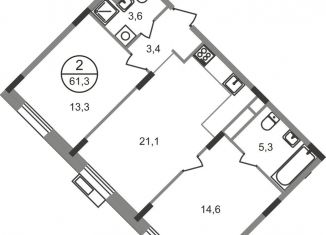 Продаю двухкомнатную квартиру, 61.3 м2, Московская область