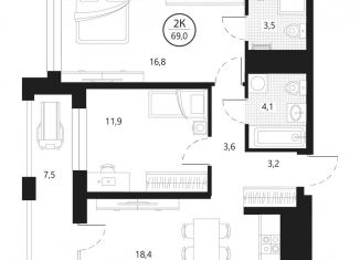 Продается 2-ком. квартира, 69 м2, Тюменская область, улица Разведчика Кузнецова, 16