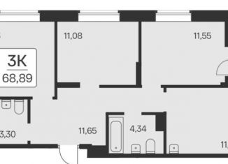 Продается трехкомнатная квартира, 68.9 м2, Новосибирск