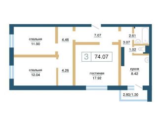 Продаю трехкомнатную квартиру, 74.1 м2, Красноярск