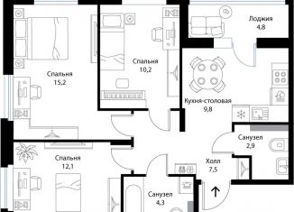 Продажа 3-комнатной квартиры, 64.4 м2, деревня Ольгино, деревня Ольгино, 3